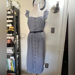 Gal Meets Glam Navy and White Gingham Midi Retro Dress with Ruffle Straps Size 8